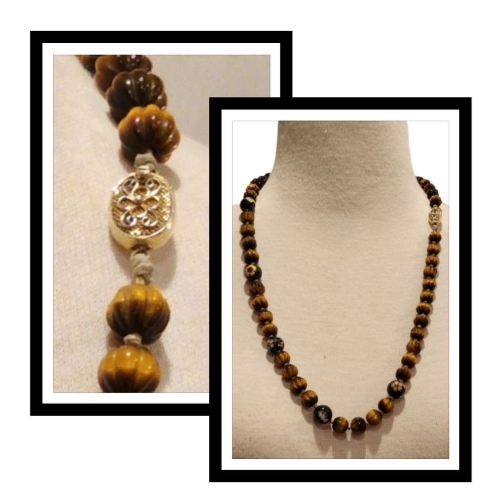 Tigers Eye Vintage Necklace with Sterling Silver Filigree Clasp